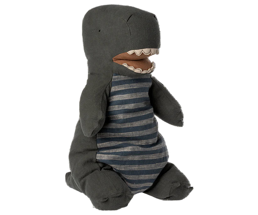 Maileg Ganto Saurus Plush toy. Dark Green with a striped body on a white background