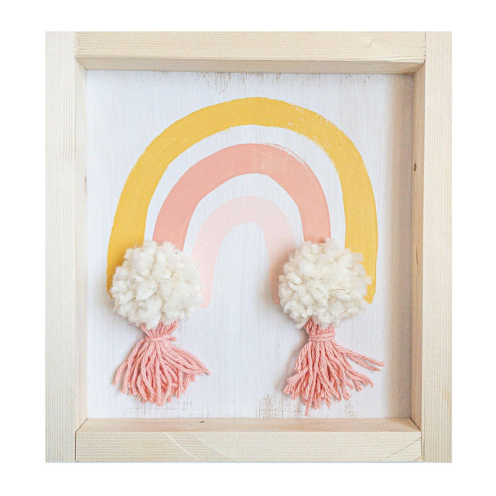 Hand Made Wooden Sign Coral Rainbow with Pom Pom & Tassels.