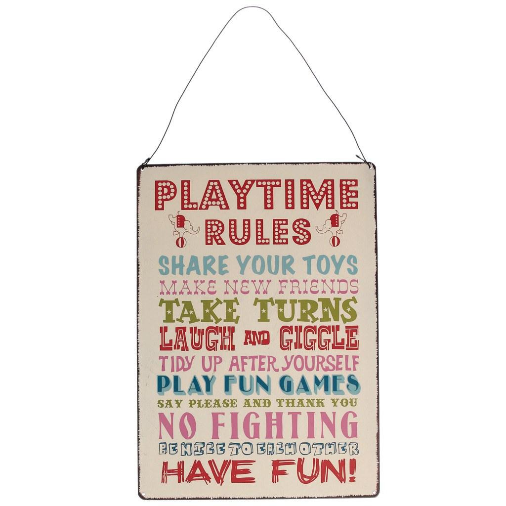 Playtime Rules Hanging Metal Sign.