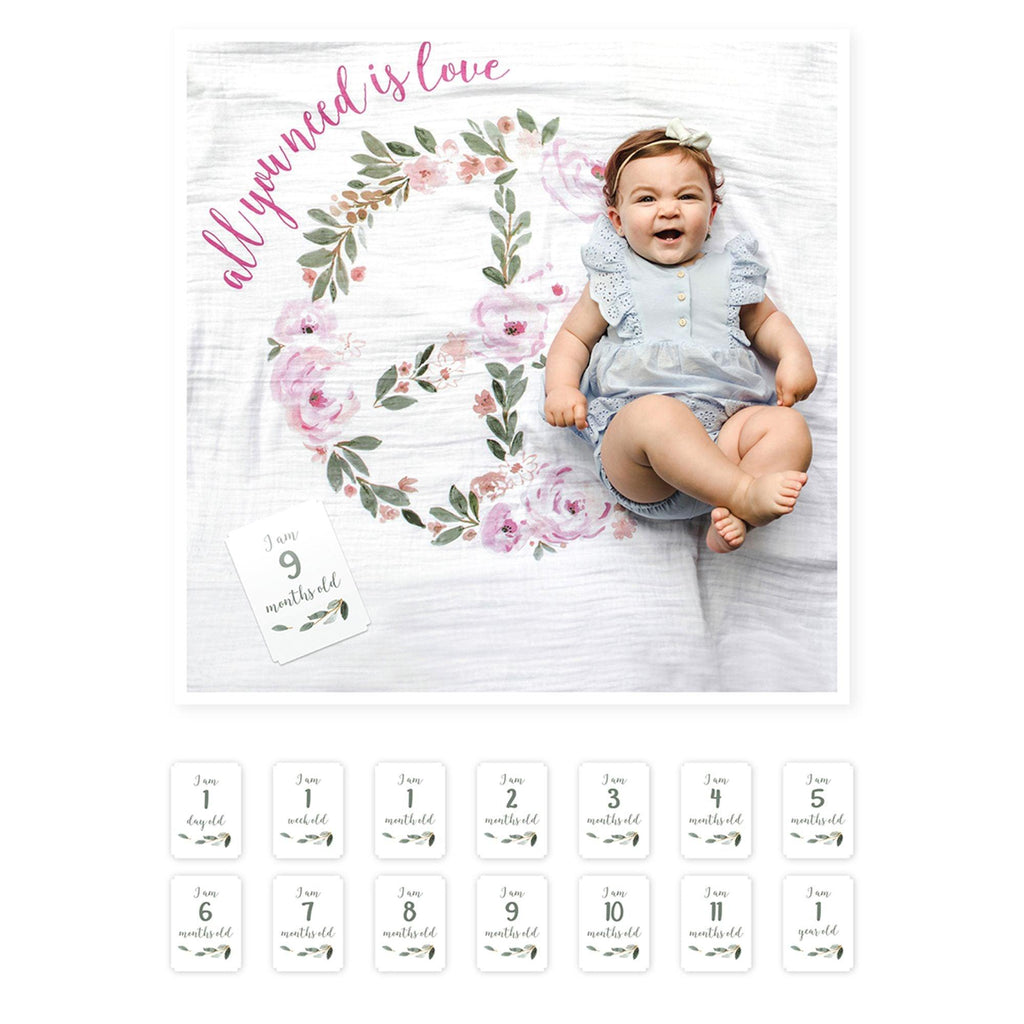 Single Cotton Swaddle Blanket & Milestone Cards - All You Need Is Love.