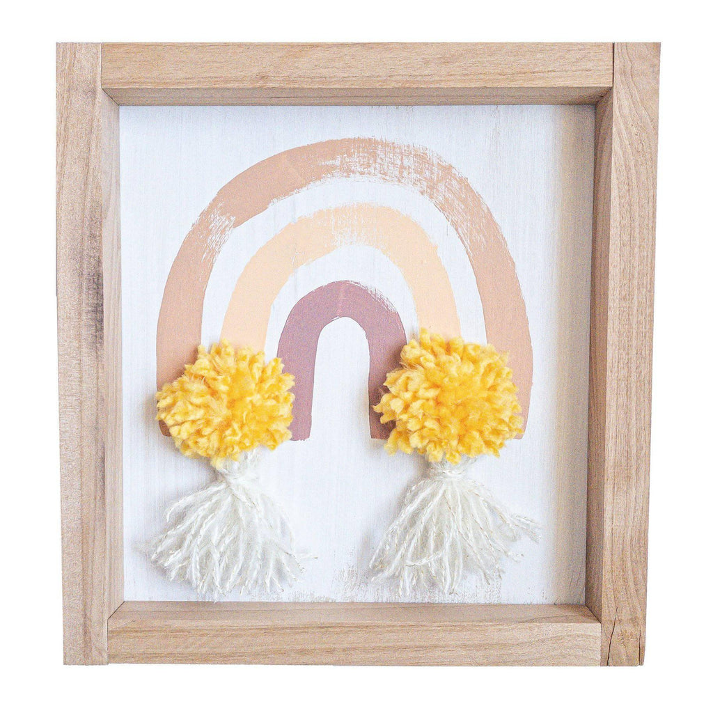 Hand Made Wooden Sign Golden Rainbow with Pom Pom & Tassels.