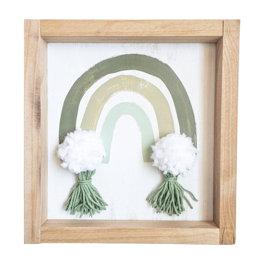 Hand Made Wooden Sign Olive Rainbow with Pom Pom & Tassels.