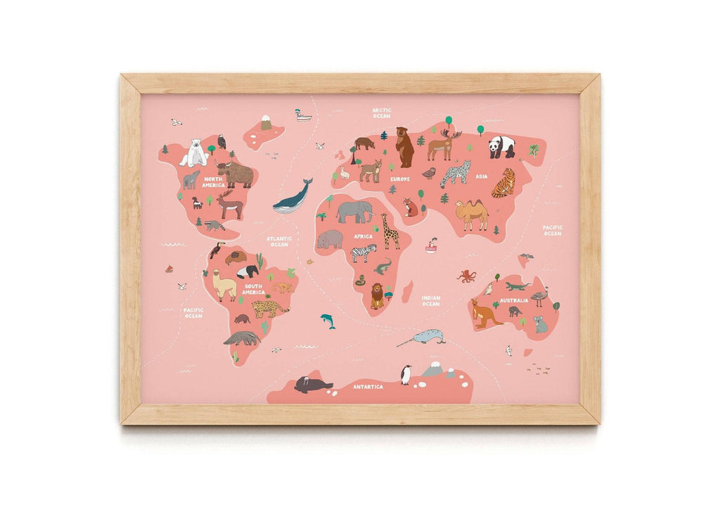 World Map Nursery Print A3 Pink.