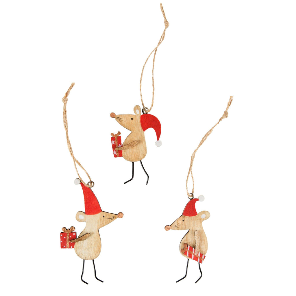 Christmas Mice Hanging Decorations Wooden Set of 3.