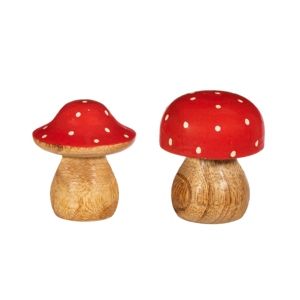 Red & White Wooden Toadstool Mushroom Standing Decoration Small, set of 2.