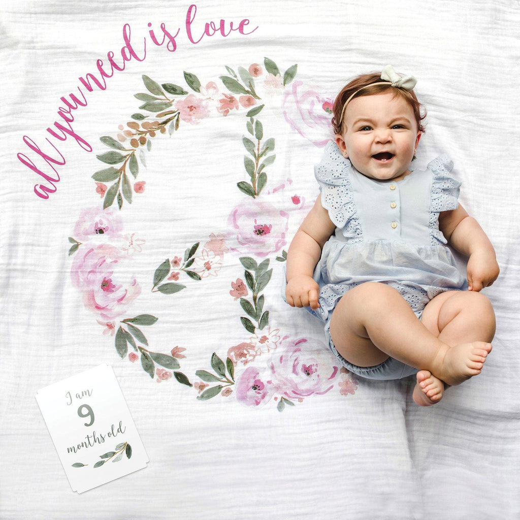 Single Cotton Swaddle Blanket & Milestone Cards - All You Need Is Love.