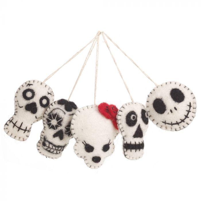 Handmade Felt Halloween Skulls (Set of 5) Hanging Biodegradable Decorations.