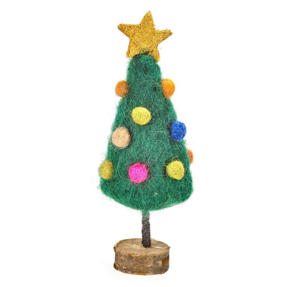 Handmade Felt Mini Christmas Tree on Wooden Stand Standing Decoration.