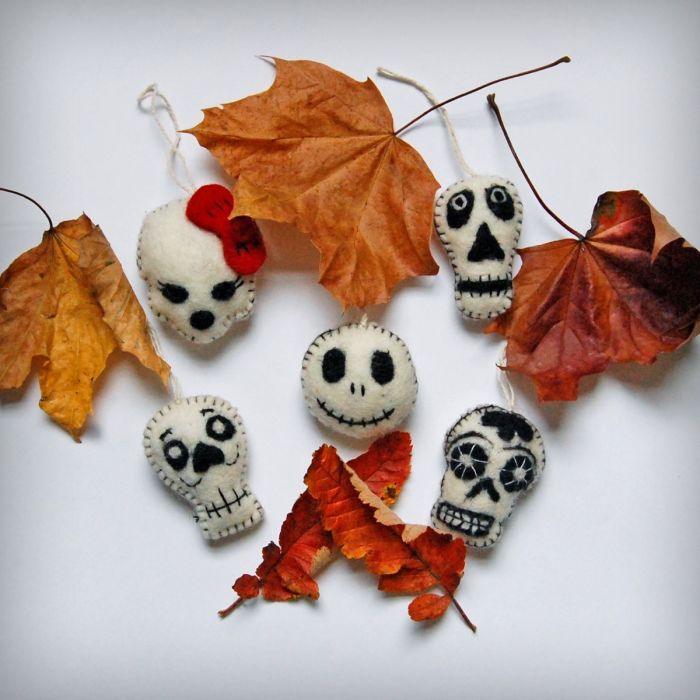 Handmade Felt Halloween Skulls (Set of 5) Hanging Biodegradable Decorations.