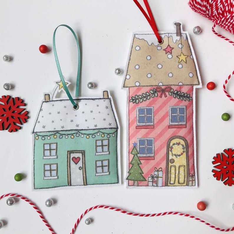 Flossy Teacake Fabric Hanging House Green  Christmas Decoration.