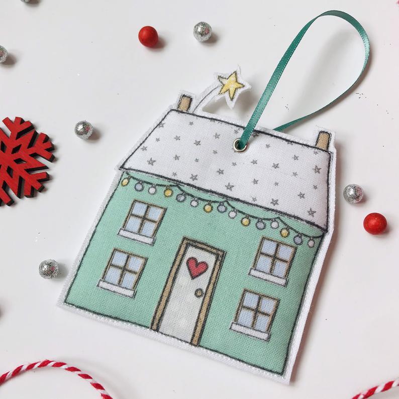 Flossy Teacake Fabric Hanging House Green  Christmas Decoration.