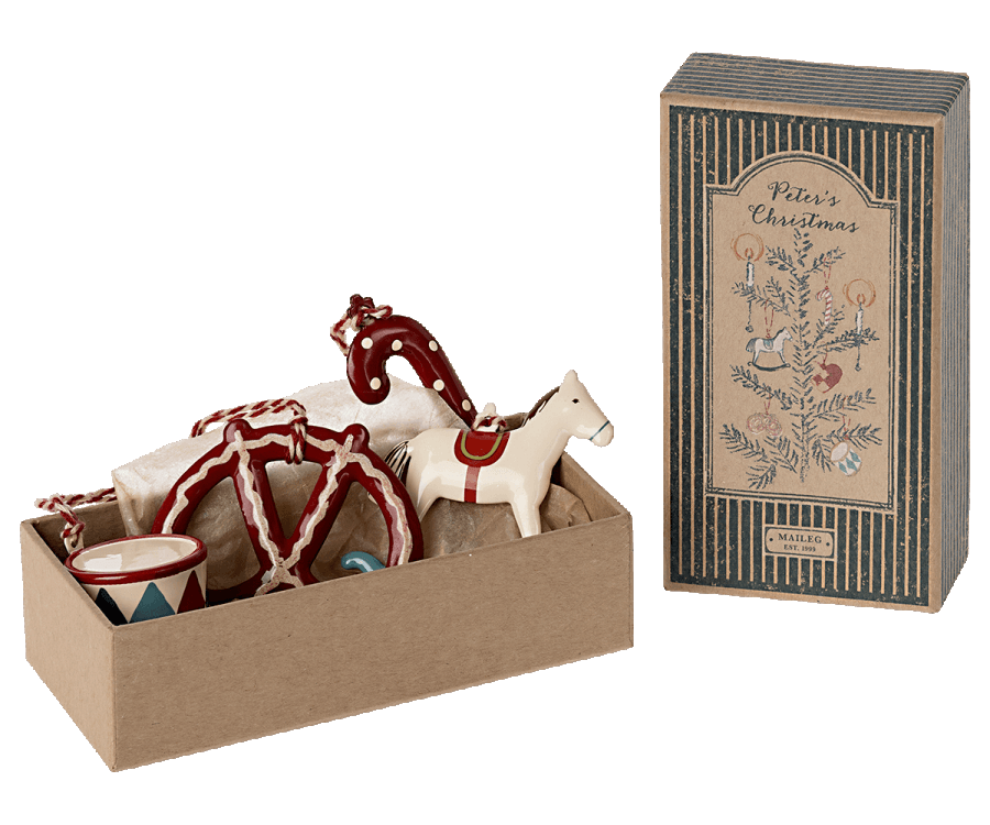 Maileg New Metal ornament set in Matchbox - Peter`s Christmas Ornaments : Fall Winter 2022 - Ruby & Grace 