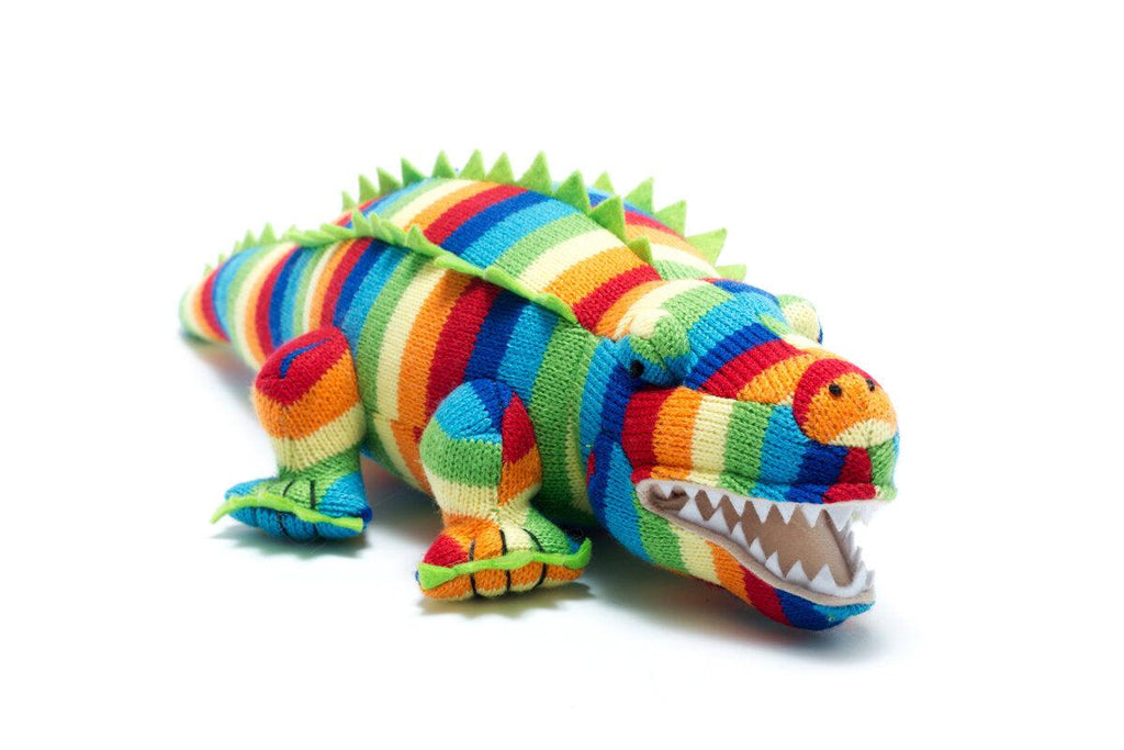 Knitted Rainbow Crocodile Toy.